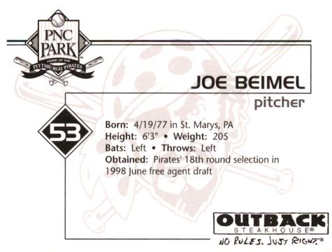 2002 Outback Steakhouse Pittsburgh Pirates #NNO Joe Beimel Back
