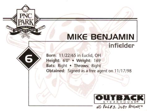 2002 Outback Steakhouse Pittsburgh Pirates #NNO Mike Benjamin Back
