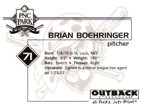 2002 Outback Steakhouse Pittsburgh Pirates #NNO Brian Boehringer Back