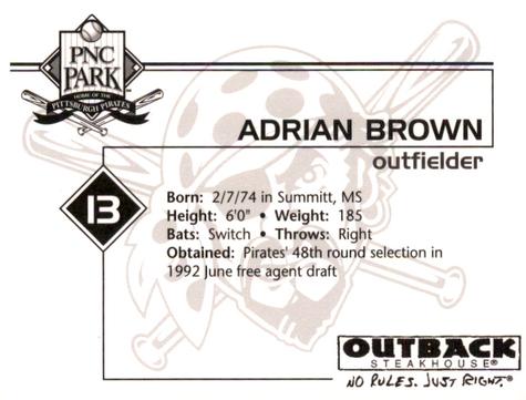 2002 Outback Steakhouse Pittsburgh Pirates #NNO Adrian Brown Back