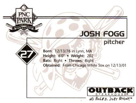 2002 Outback Steakhouse Pittsburgh Pirates #NNO Josh Fogg Back