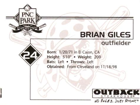 2002 Outback Steakhouse Pittsburgh Pirates #NNO Brian Giles Back