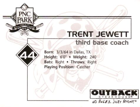 2002 Outback Steakhouse Pittsburgh Pirates #NNO Trent Jewett Back