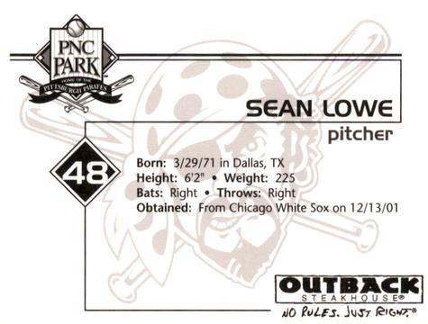 2002 Outback Steakhouse Pittsburgh Pirates #NNO Sean Lowe Back