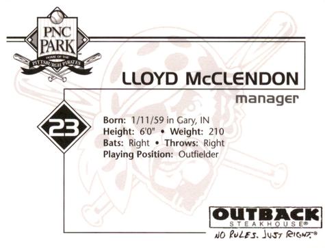 2002 Outback Steakhouse Pittsburgh Pirates #NNO Lloyd McClendon Back