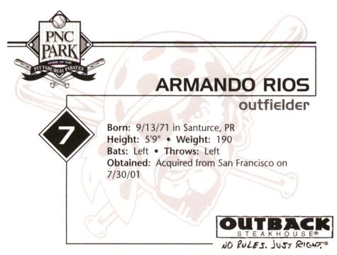 2002 Outback Steakhouse Pittsburgh Pirates #NNO Armando Rios Back