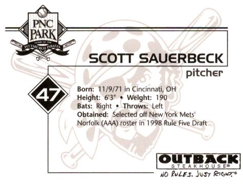 2002 Outback Steakhouse Pittsburgh Pirates #NNO Scott Sauerbeck Back