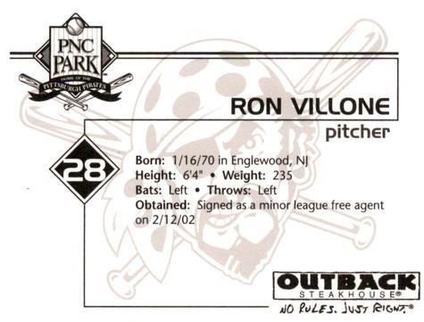 2002 Outback Steakhouse Pittsburgh Pirates #NNO Ron Villone Back