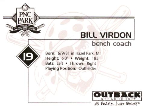 2002 Outback Steakhouse Pittsburgh Pirates #NNO Bill Virdon Back