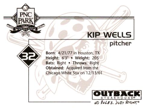 2002 Outback Steakhouse Pittsburgh Pirates #NNO Kip Wells Back