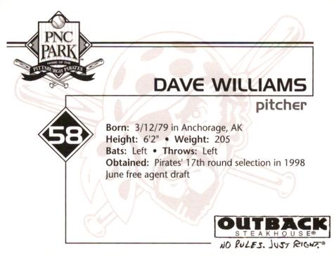 2002 Outback Steakhouse Pittsburgh Pirates #NNO Dave Williams Back