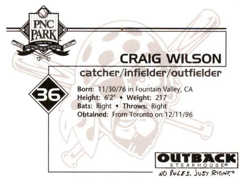 2002 Outback Steakhouse Pittsburgh Pirates #NNO Craig Wilson Back