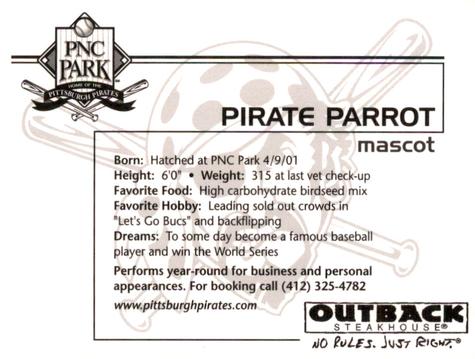 2002 Outback Steakhouse Pittsburgh Pirates #NNO Pirate Parrot Back