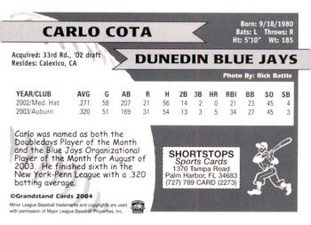 2004 Grandstand Dunedin Blue Jays #NNO Carlo Cota Back