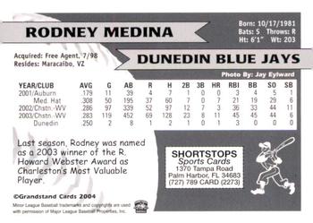2004 Grandstand Dunedin Blue Jays #NNO Rodney Medina Back