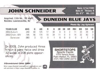 2004 Grandstand Dunedin Blue Jays #NNO John Schneider Back