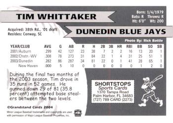 2004 Grandstand Dunedin Blue Jays #NNO Tim Whittaker Back