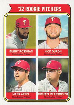 2023 Topps Heritage #496 '22 Rookie Pitchers (Bubby Rossman / Nick Duron / Mark Appel / Michael Plassmeyer) Front