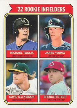 2023 Topps Heritage #499 '22 Rookie Infielders (Michael Toglia / Jared Young / David MacKinnon / Spencer Steer) Front