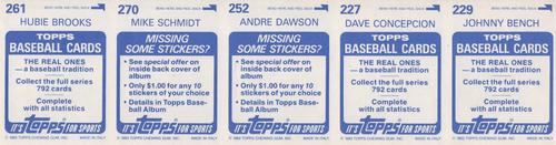 1983 Topps Stickers - Test Strips #NNO Johnny Bench / Dave Concepcion / Andre Dawson / Mike Schmidt / Hubie Brooks Back