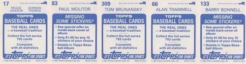 1983 Topps Stickers - Test Strips #NNO Barry Bonnell / Alan Trammell / Tom Brunansky / Paul Molitor / Reggie Jackson / Gorman Thomas Back
