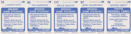 1983 Topps Stickers - Test Strips #NNO George Brett / Jerry Mumphrey / Bruce Bochte / Ted Simmons / LaMarr Hoyt Back