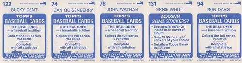 1983 Topps Stickers - Test Strips #NNO Ron Davis / Ernie Whitt / John Wathan / Dan Quisenberry / Bucky Dent Back