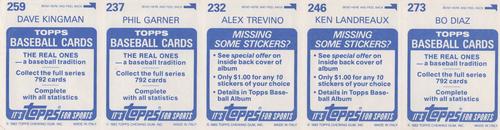 1983 Topps Stickers - Test Strips #NNO Bo Diaz / Ken Landreaux / Alex Trevino / Phil Garner / Dave Kingman Back