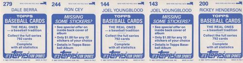 1983 Topps Stickers - Test Strips #NNO Rickey Henderson / Joel Youngblood / Ron Cey / Dale Berra Back