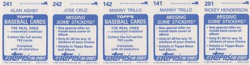 1983 Topps Stickers - Test Strips #NNO Rickey Henderson / Manny Trillo / Jose Cruz / Alan Ashby Back