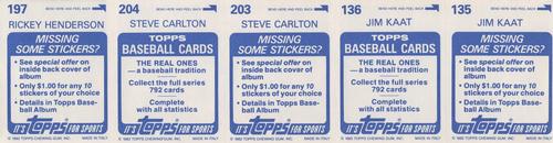1983 Topps Stickers - Test Strips #NNO Jim Kaat / Steve Carlton / Rickey Henderson Back