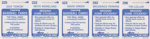 1983 Topps Stickers - Test Strips #NNO Tim Lollar / Broderick Perkins / David Green / Keith Moreland / Dick Tidrow Back