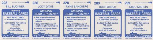 1983 Topps Stickers - Test Strips #NNO Greg Minton / Bob Forsch / Ryne Sandberg / Jody Davis / Bill Buckner Back