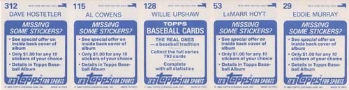 1983 Topps Stickers - Test Strips #NNO Eddie Murray / LaMarr Hoyt / Willie Upshaw / Al Cowens / Dave Hostetler Back