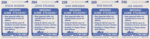 1983 Topps Stickers - Test Strips #NNO Joe Niekro / Bob Bailor / Dan Driessen / John Stearns / Steve Rogers Back