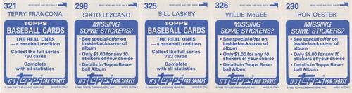 1983 Topps Stickers - Test Strips #NNO Ron Oester / Willie McGee / Bill Laskey / Sixto Lezcano / Terry Francona Back