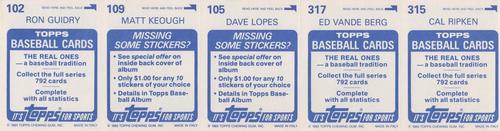 1983 Topps Stickers - Test Strips #NNO Cal Ripken Jr. / Ed Vande Berg / Dave Lopes / Matt Keough / Ron Guidry Back