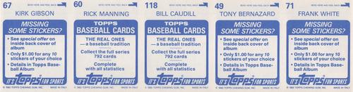 1983 Topps Stickers - Test Strips #NNO Frank White / Tony Bernazard / Bill Caudill / Rick Manning / Kirk Gibson Back
