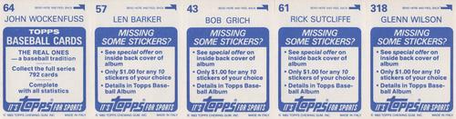 1983 Topps Stickers - Test Strips #NNO Glenn Wilson / Rick Sutcliffe / Bob Grich / Len Barker / John Wockenfuss Back