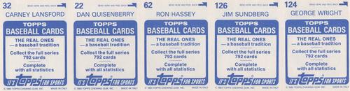 1983 Topps Stickers - Test Strips #NNO George Wright / Jim Sundberg / Ron Hassey / Dan Quisenberry / Carney Lansford Back