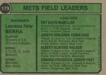 2023 Topps Heritage - 50th Anniversary Buybacks #179 Mets Field Leaders (Yogi Berra / Joe Pignatano / Rube Walker / Eddie Yost / Roy McMillan) Back