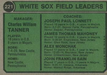 2023 Topps Heritage - 50th Anniversary Buybacks #221 White Sox Field Leaders (Chuck Tanner / Joe Lonnett / Jim Mahoney / Alex Monchak / Johnny Sain) Back