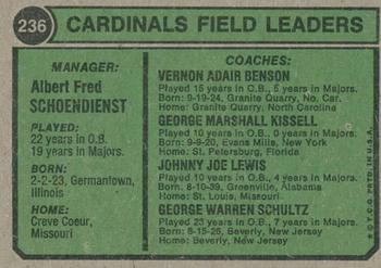 2023 Topps Heritage - 50th Anniversary Buybacks #236 Cardinals Field Leaders (Red Schoendienst / Barney Schultz / George Kissell / Johnny Lewis / Vern Benson) Back