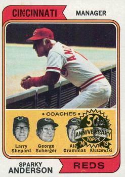 2023 Topps Heritage - 50th Anniversary Buybacks #326 Reds Field Leaders (Sparky Anderson / Larry Shepard / George Scherger / Ted Kluszewski / Alex Grammas) Front