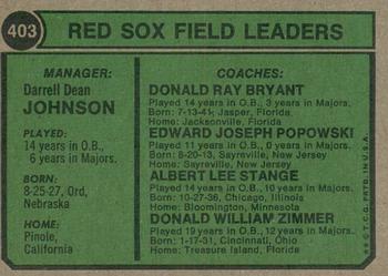2023 Topps Heritage - 50th Anniversary Buybacks #403 Red Sox Field Leaders (Darrell Johnson / Eddie Popowski / Lee Stange / Don Zimmer / Don Bryant) Back