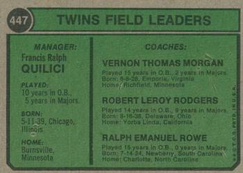 2023 Topps Heritage - 50th Anniversary Buybacks #447 Twins Field Leaders (Frank Quilici / Ralph Rowe / Vern Morgan / Bob Rodgers) Back