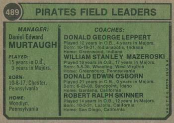 2023 Topps Heritage - 50th Anniversary Buybacks #489 Pirates Field Leaders (Danny Murtaugh / Don Osborn / Bill Mazeroski / Don Leppert / Bob Skinner) Back
