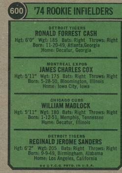 2023 Topps Heritage - 50th Anniversary Buybacks #600 1974 Rookie Infielders (Ron Cash / Jim Cox / Bill Madlock / Reggie Sanders) Back