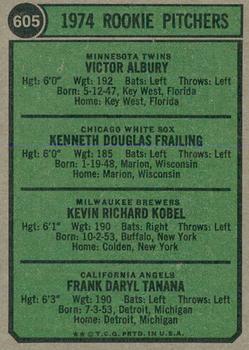 2023 Topps Heritage - 50th Anniversary Buybacks #605 1974 Rookie Pitchers (Vic Albury / Ken Frailing / Kevin Kobel / Frank Tanana) Back