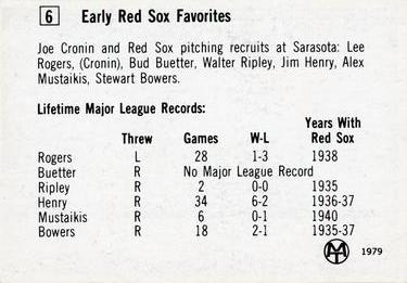 1979 Early Red Sox Favorites #6 Stewart Bowers / Bud Buetter / Joe Cronin / Jim Henry / Alex Mustaikis / Walter Ripley / Lee Rogers Back